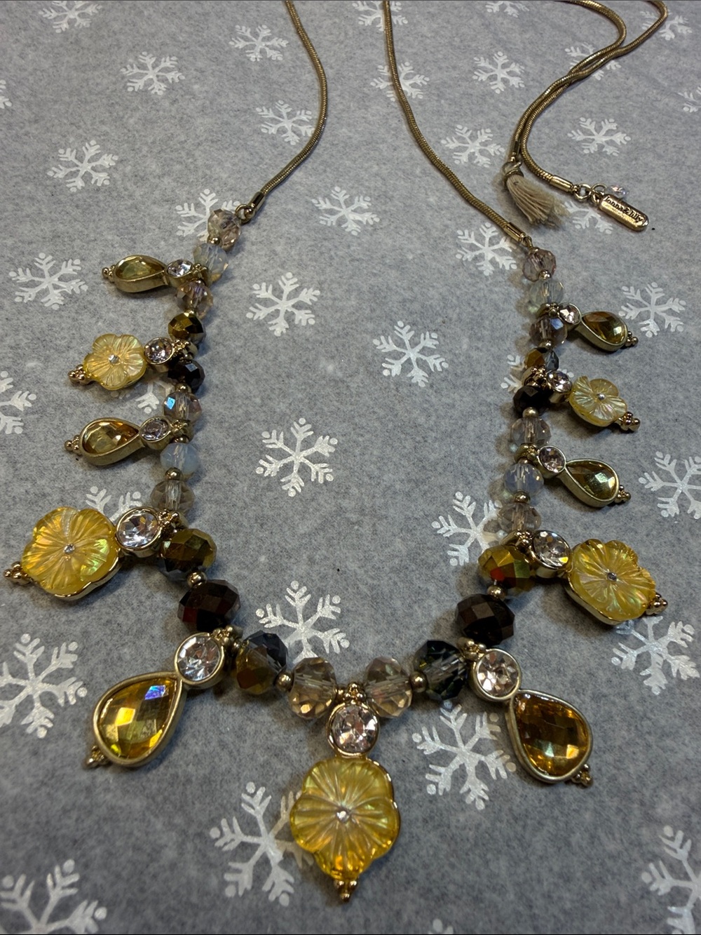 Lona & Lily Long Adjustable Necklace • Gold Tone • Amber & Crystal Drops • Excel